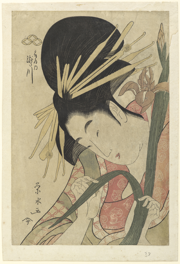 Hosoda Eisui (tätig 1795–1803), Büstenporträt einer Kurtisane beim Biegen eines Iris-Blatts, Farbholzschnitt, 39,2 x 26,4 cm, Japan, ca. 1795, Museum für Ostasiatische Kunst Köln, R 10,82. Foto: RBA